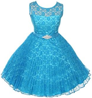 JM DREAMLINE Lovely Tulle Pleated Lace Flower Girl Dress (Turquoise Size 16)