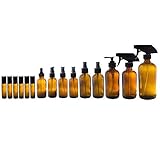 Amber Glass Bottle Kit- 1-16 oz Trigger Sprayer, 1-8 oz Trigger Spray, 1-8 oz Lotion Pump, 2-4 oz Fine Mist Spray,2-2 oz Fine Mist Spray,1-2 oz Treatment Pump,1-2 oz Dropper, 6-10 ml Roll On + Labels