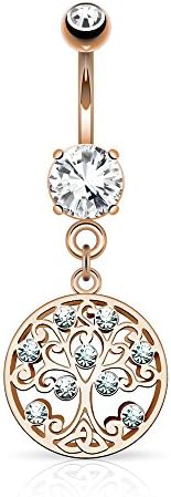 CZ Set Tree of Life Dangle on Round CZ Prong set 316L Surgical Steel Belly Button Rings - Rose Gold