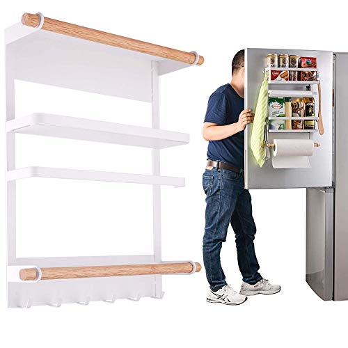 Magnetic Fridge Organizer Refrigerator Side Shelf Kitchen Rack Paper Towel Holder Spice Jars Rack Heavy-Duty Refrigerator Shelf Storage Including 6 Removable Hooks (White)