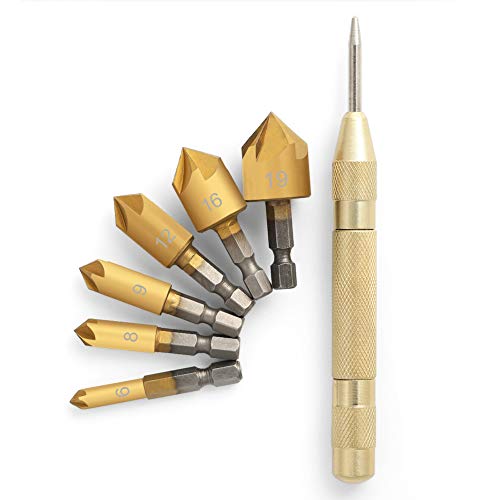 COMOWARE Countersink Drill Bit Set- 7 Pcs Counter Sinker Drill Bits for Wood, Quick Change, 1/4'' Hex Shank, High Speed Steel, 5 Flute 90 Degree Center Punch Tool, 1/4''-3/4''