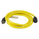 Houseables Generator Cord, Electric Extension Wire, 4 Prong, 30 Amp, 125-250v, Single, Yellow, 10 Ft, All Rubber, 10 Gauge, Heavy Duty, L14-30, Transfer, Electrical Power Cable, With Locking Switch