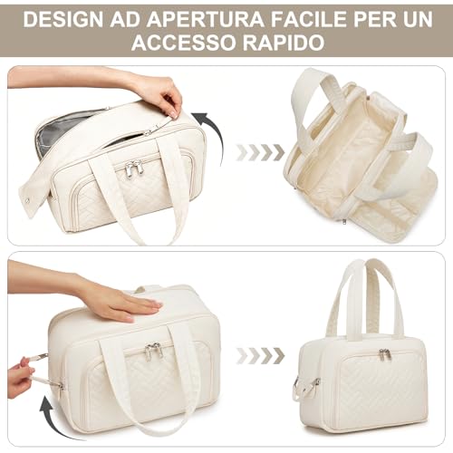 Kono Women's Large Travel Cosmetic Bag, Makeup Bag, Wide Opening, Makeup Bag and Accessories, Waterproof, beige, Minimalist