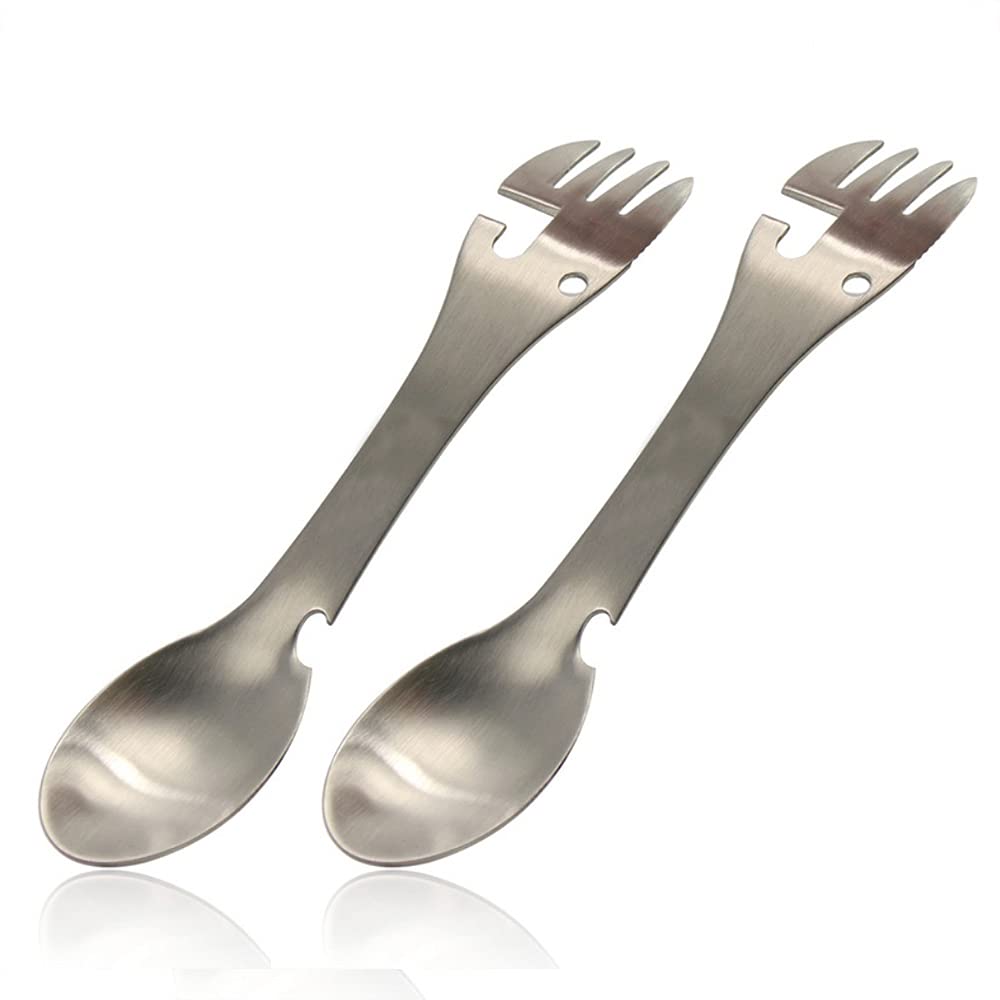 PWPAM 5 in 1 Stainless Steel Outdoor Cutlery Including Spoon Fork Knife Bottle Can Opener for Camping Hiking Travel Multi-Purpose Cutlery (Set of 2)