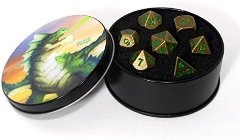 Metal Dice Polyhedral Set of 7 Dark Forest Bronze D&D RPG Ancient Bronze with Green numbers