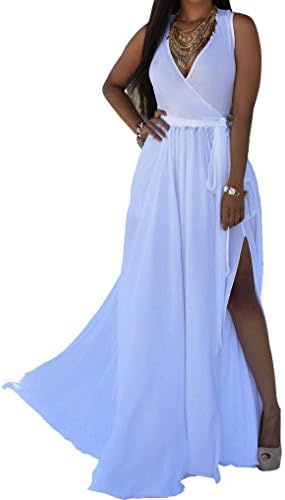 HannahZone Womens Sexy V Neck Sleeveless Long Maxi Split Evening Chiffon Summer Dress with Belt,White,3X