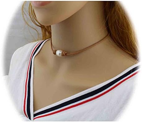 14-16'' Single Pearl Leather Necklace Handmade One Pearl Necklace Choker Jewelry on Light Brown Leather