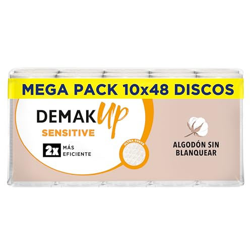 Demak'Up Sensitive 10x48 Discos de algodón desmaquillantes Ovalados - Fibra de Algodón Natural Sin Blanquear - 480 Discos de algodón