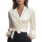 Womens Satin Wrap Blouse with Criss Cross V Neck, Long Sleeve Tie Waist Elegant Work Office Top