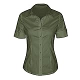SUNNOW Womens Tailored Short Sleeve Basic Simple Button-down Shirt with Stretch (L, Army Green)