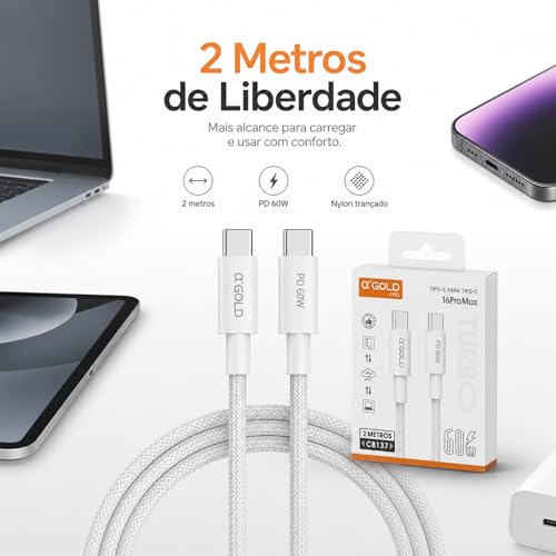 Cabo Tipo-C para Tipo-C 2 Metros 60W Turbo PD Nylon Trançado Reforçado, Carregamento Rápido e Transferência de Dados, Compatível com iPhone 15/16, Samsung, Xiaomi, Motorola, iPad, Notebook e Android