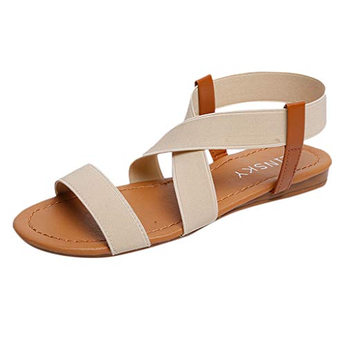 Women's Elatica Elastic Ankle Strap Flat Sandals Low Heel Beach Shoes Cross Strap Sandals Peep-Toe Sandals Beige