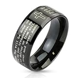 Lord's Prayer Black Beveled Edge IP Stainless Steel Ring with Cross