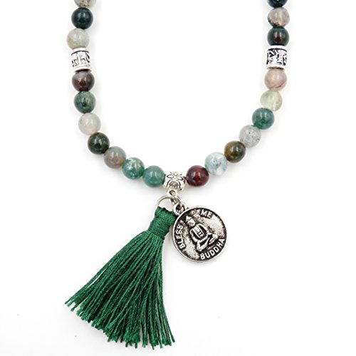 Malahill Mala Beads Bracelet, Buddhist Mala Prayer Beads, Buddha Bless Me Statement Necklace (Indian Agate)