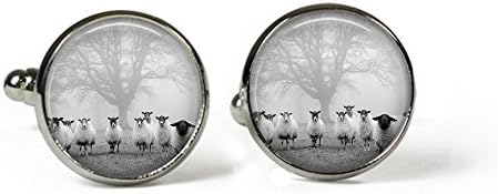 Rosetta London Flock of Sheep - Glass Picture Cufflinks – Silver Plated (Art Print Photo AB8)
