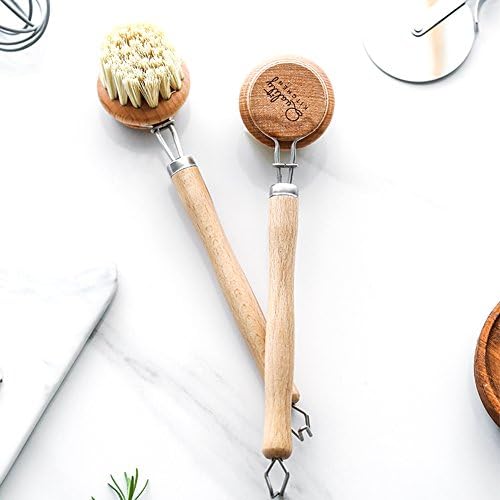Wooden pan brush, non stick oil washing brush, kitchen clean long handle cleaning brush, dish washing artifact