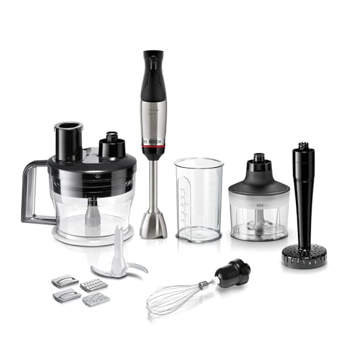 Bosch Stabmixer ErgoMaster Serie 6, 4 Edelstahl-Klingen, einhändig bedienbar, verschleißfreie Keramik-Kupplung, langlebig, Luftkühlung, Zerkleinerer, Kartoffelstampfer, Schneebesen, 1000 W, MSM6M673