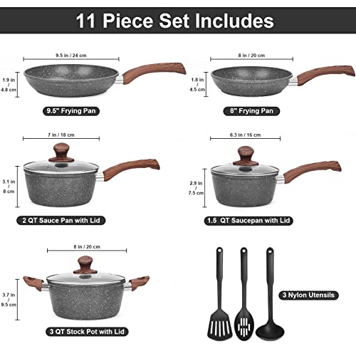 M MELENTA juego de ollas y sartenes antiadherentes, juego de ollas de granito de inducción, bateria de cocina antiadherente 11 piezas, ollas de cocina, color gris oscuro