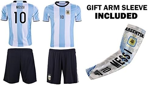 JerzeHero Argentina Messi #10 Kids Youth Soccer Gift Set ✓ Soccer Jersey ✓ Shorts ✓ Compression Arm Sleeve ✓ Home or Away ✓ Short Sleeve or Long Sleeve (YL 10-13 yrs, Home Short Sleeve)