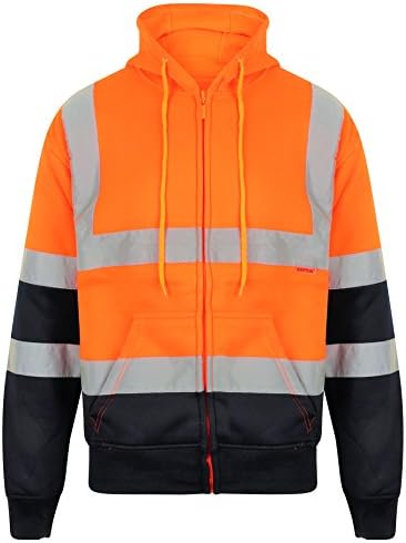 HuntaDeal Hi Viz Vis Zip Hooded Sweatshirt Hoodies Hoody 2 Tone High Visibility Reflective Tape Band Work Fleece Safety Sweat Shirts Warm Security Workwear Jumper Tops Plus Big Size