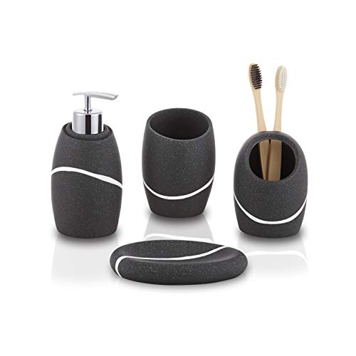 ZCCZ Black Bathroom Accessory Set 4 Pieces - Organiser With Toothbrush Holder, Lotion Soap Dispenser, Vanity Tray and Soap Dish - Modern Decor Accessories