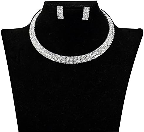 CHRAN Silver Plated 3 Rows Rhinestone Crystal Wedding Jewelry Set for Bridesmaids