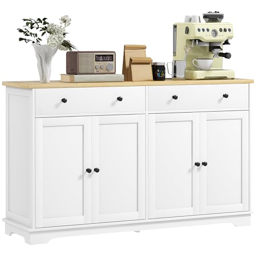 HOMCOM Sideboard Buffet Cabinet with Storage, 55" Kitchen Cabinet with Adjustable Shelves, 2 Drawers and 4 Doors, Coffee Bar Cabinet with Rubberwood Tabletop, White