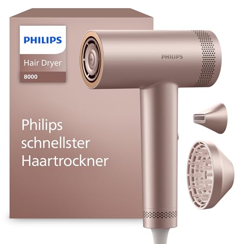 Philips Haartrockner Series 8000 – mit ThermoShield Advanced und bürstenlosem DC-Motor für schnelles Trocknen, Kopfhautpflege, 1400 W, Rosé Champagner, mit Stylingdüse und Diffusor, Modell BHD837/10