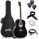 Ashthorpe Full-Size Dreadnought Acoustic-Electric Guitar Bundle - Premium Tonewoods - Black