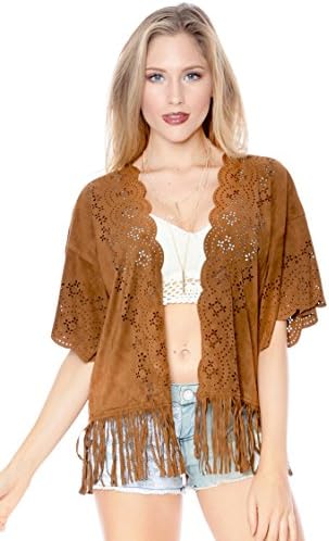 Grayson Shop Faux Suede Die Cut Fringe Cardigan Brown S