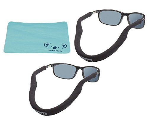 Chums Floating Neoprene Eyewear Retainer, Sunglass Strap, & Eyeglass Float | 2pk Bundle + Cloth, Black