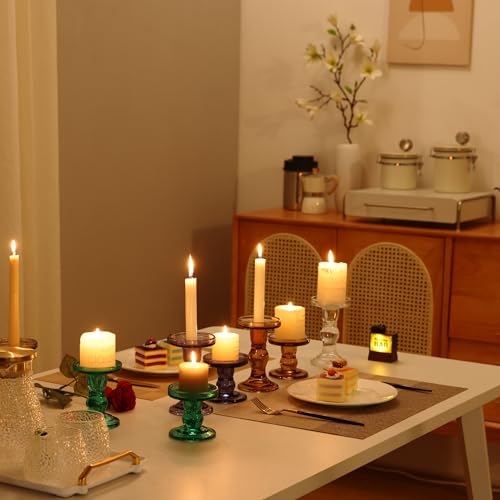 Blue Glass Candle Holder Set, QENUIITEA Set of 3 Clear Candlesticks Holders Pillar Taper Candles Tea Light Stand for Centerpieces Church Wedding Party Home Decor Dining Table