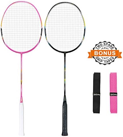 QICHUAN Premium Badminton Racket set 2 PCS, 100% Graphite Frame and Shaft, Includes Bag / 2 Grip Tapes