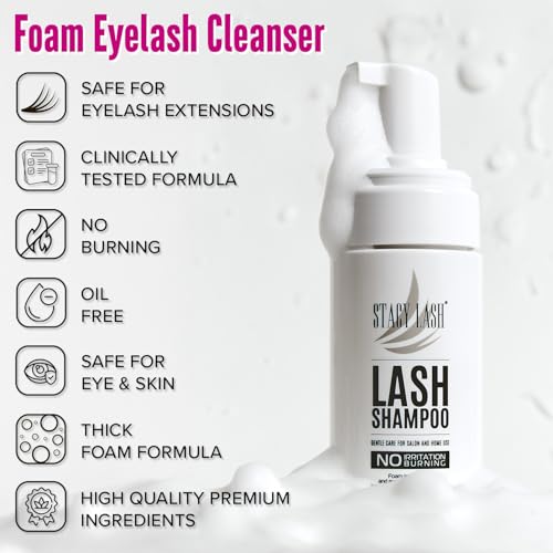 STACY LASH Lash Shampoo 50ml Kit Korean Makeup Remover with Eye Lash Spoolies & Rinse Bottle & Cleansing Pad & Brush for Eyelash Extensions & Clusters & Natural Eyelashes