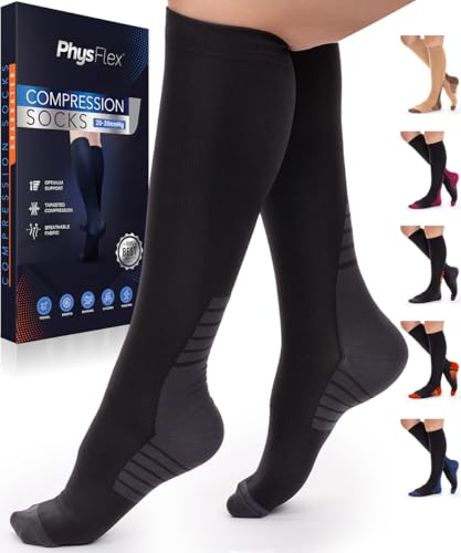 Photo 1 of PhysFlex Compression Socks for Women and Men - Best Support for Running, Flying, Pregnancy - Knee High Graduated Compression Stockings (Black, L/XL)