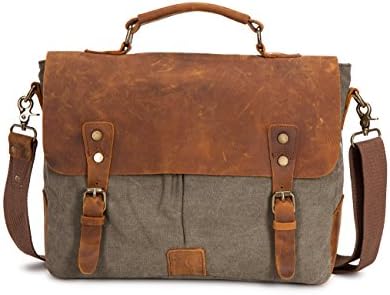 BUG Vintage Real Leather Canvas Satchel Messenger Bag, Canvas Laptop Briefcase Shoulder Bag (Moss Green)