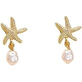 Starfish Earrings for Women Gold Plated Starfish Stud Earrings Chunky Pearl Drop Earring Beach Jewelry Gift