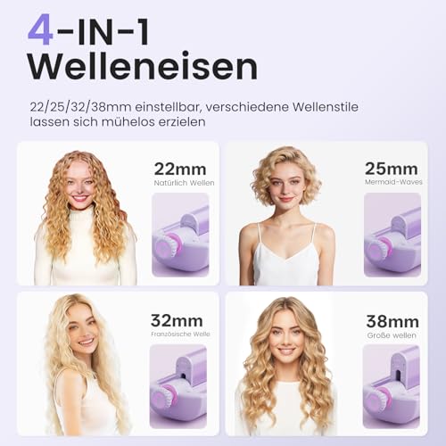 22/25/32/38 mm Adjustable Wave Iron for Hair - 4-in-1 Beach Waves Curling Iron, 3 Barrels Curling Irons with Display, Burn Protection, Fast Heating, 4 Temperatures (140-210°C), Purple