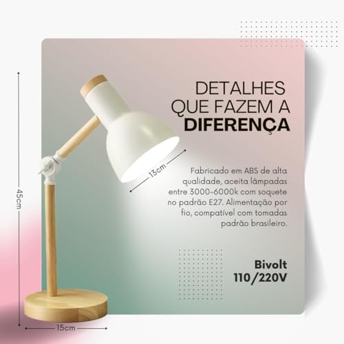 Luminária de Mesa Retrátil com Base de Madeira | Design Moderno e Ajustável para Escritório, Leitura e Estudo (BRANCO)