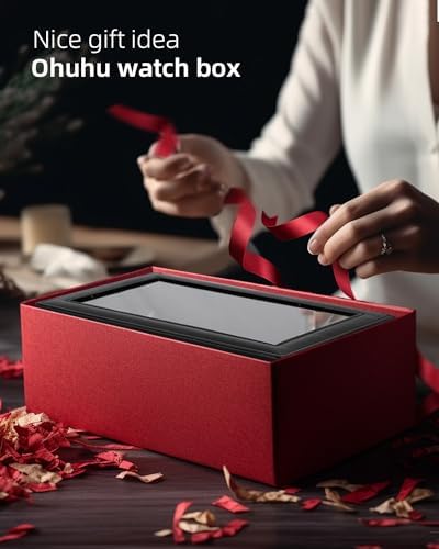 Ohuhu Watch Cases for Men Watch Box 6-Slot PU Leather Real Glass Lid Jewelry Organizer Storage Soft Velvet Watch Holder Display Case for Women Birthday Fathers Day Valentine's Day Gifts