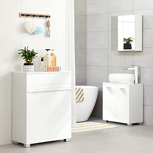 Vasagle BBK140W01 Bathroom Cabinet, cupboard with drawer, bathroom cabinet with double door, adjustable shelves, with feet for bathroom, hallway, entrance area, 60 x 30 x 80 cm, white