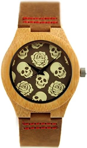 Wood Watch, FENDINA Ebony Natural Wooden Bamboo Watches for Couples with Leather Band Handmade Vintage Skull Seriers (Skull&amp;Rose Dial)