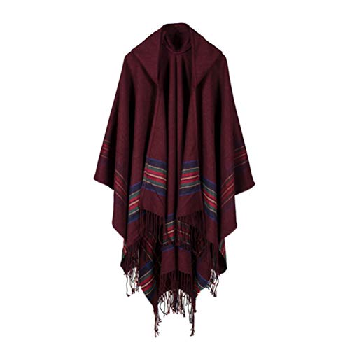 Ladies' Hooded Cape with Fringed Hem,Tassel Poncho shawl Cape Button Cardigan (A-Red wine)