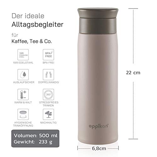 eppikan eppiToGo Edelstahl Thermobecher- Isolierbecher, Kaffee-to-go Becher, 350 ml, 500 ml Travel Mug, Autobecher, auslaufsicher mit hygienischer 360°-Trinköffnung (Powder Green, 500 ml) – Bild 3