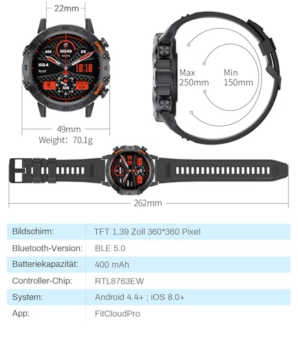 LIGE Men's Smartwatch with Phone Function, 1.39 Inch Military Smart Watch with 24H Heart Rate, Blood Pressure, Sleep Duration, 100+ Sports Modes, Fitness Watch, 300+ Dials, IP67 Waterproof, Black