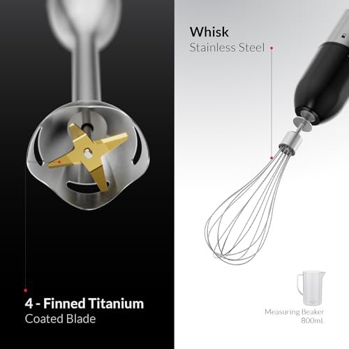 Feller Germany 3in1 Hand Blender 1000W, Smart Speed Control, 4-Fin Titanium Blade, Stainless Steel Body, 1.2L Chopper, Whisk, 42.5CM Extra Long Shaft, HB1000 Plus, 2Y Guarantee-UAE Version (Black)