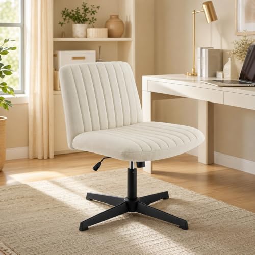 Cross Legged Armless Office Chair, Wide Seat Swivel Desk Chair with Adjustable Height, Rocking Function, Padded Beige Vanity Chair for Home Office, Bedroom, Study Room