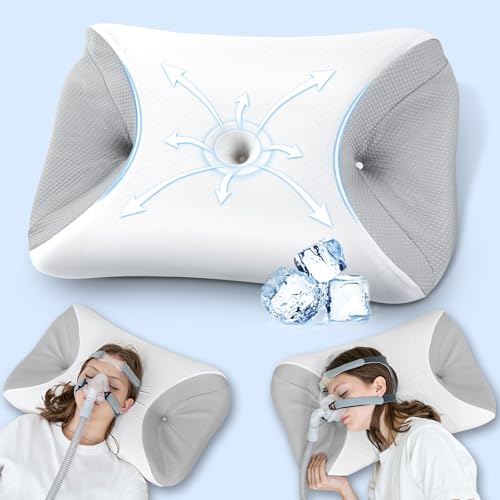 HOMCA CPAP Pillow, Orthopedic Memory Foam Pillow for All CPAP Masks That Reduces Mask Pressure and Air Leaks, with Cooling Cover, 65 x 40 x 9/11 cm