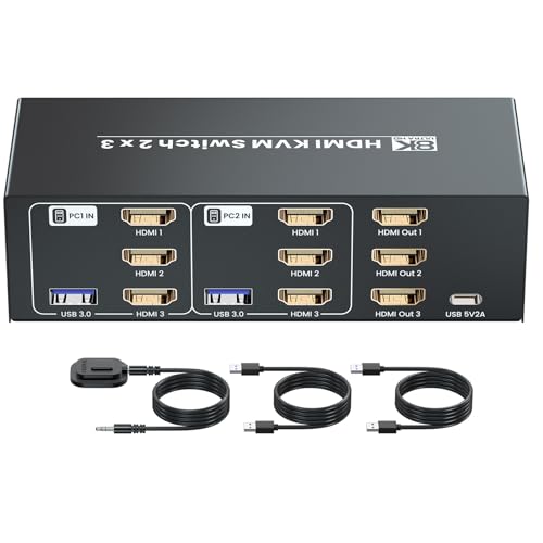 8K/60Hz USB 3.0 Three Monitor HDMI KVM Switch, 4K120Hz HDMI KVM Switcher 3 Monitors 2 Computers for 2 PC Share 3 Monitors and 1 Set of Keyboard Mouse and Other USB Devices