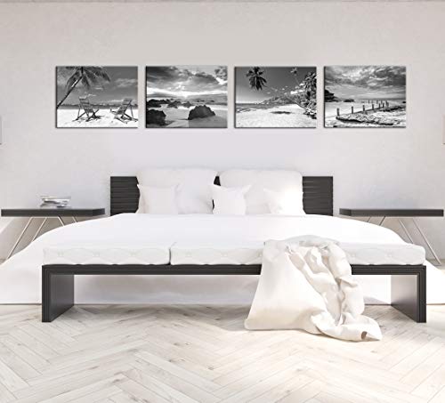 Nachic Wall Black and White Beach Wall Art 4 Piece Sea Sunrise Palm Tree Landscape Picture Painting on Canvas for Modern…